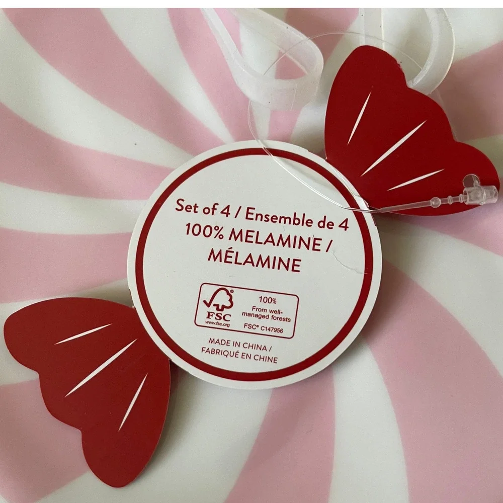 Peppermint Candy Shaped Melamine Christmas Appetizer Plate Set 4 PINK & White